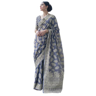 SWORNOF Women's Lucknowi Chikankari Linen cotton Woven Saree with Blouse